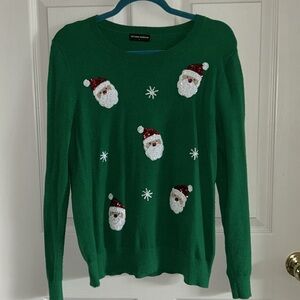 Victoria Harbour Christmas Green w/Sequin Santas Crew Neck Sweater Sz Large